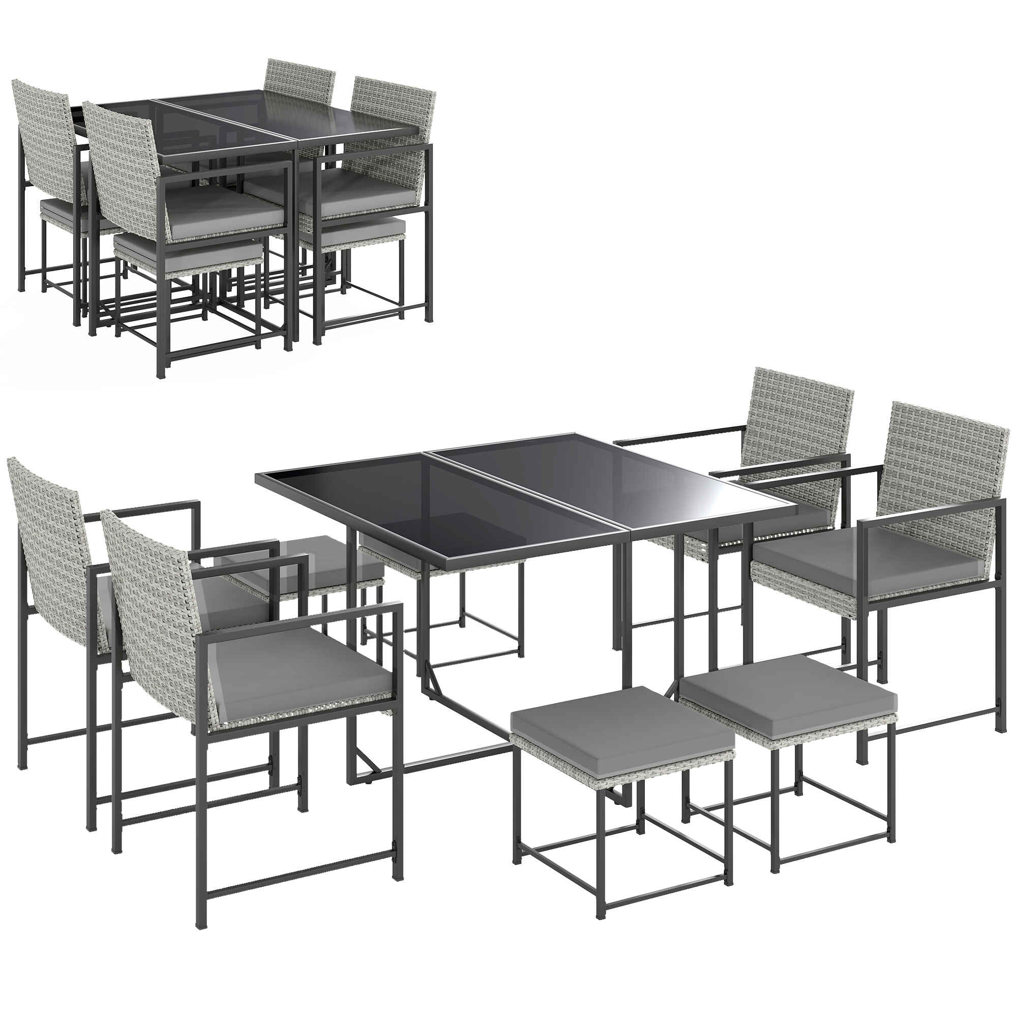 Conjunto de Muebles de Jardín Exterior de Ratán de 9 Piezas Conjunto de Jardin Exterior de Ratán Sintético con Mesa con Vidrio Templado 4 Sillas 4 Taburetes Impermeables Cojines Gris