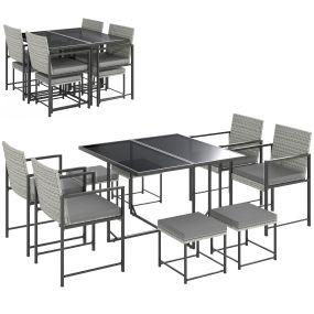 Conjunto de Muebles de Jardín Exterior de Ratán de 9 Piezas Conjunto de Jardin Exterior de Ratán Sintético con Mesa con Vidrio Templado 4 Sillas 4 Taburetes Impermeables Cojines Gris