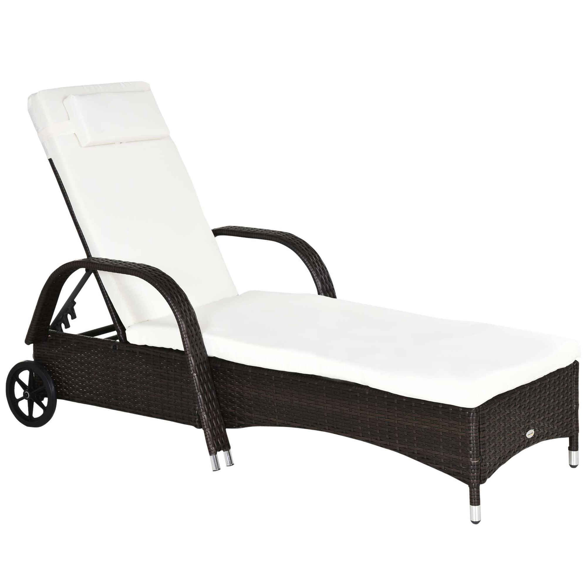 Tumbona de Ratán de Jardín Chaise Longue con Respaldo Ajustable en 5 Posiciones Cojines Acolchados Reposacabezas y 2 Ruedas Carga 160 kg 200x73x30-103 cm Crema y Marrón