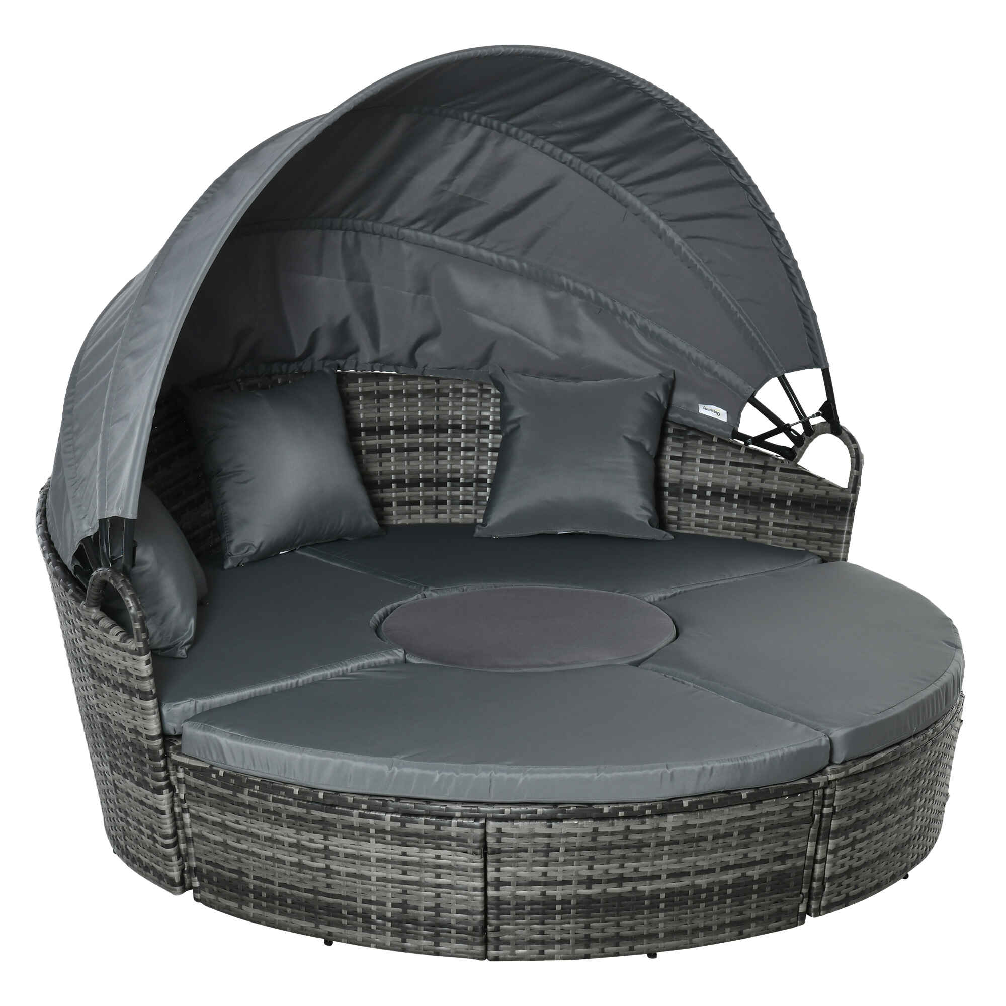 Isla de Ratán Modular para Exterior 5 Piezas Tumbona Redonda con Toldo Plegable Cojines Extraíbles Lavables y 3 Almohadas Marco de Metal 175x180x147 cm Gris