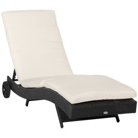 Tumbona de Ratán Reclinable Tumbona de Jardín en Forma de S con 2 Ruedas Respaldo Ajustable en 5 Posiciones y Cojín Extraíble para Patio Terraza 207x70x70 cm Negro y Crema