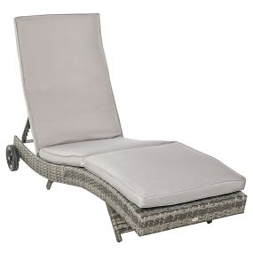 Tumbona de Ratán Reclinable Tumbona de Jardín en Forma de S con 2 Ruedas Respaldo Ajustable en 5 Posiciones y Cojín Extraíble para Patio Terraza 207x70x70 cm Gris Claro
