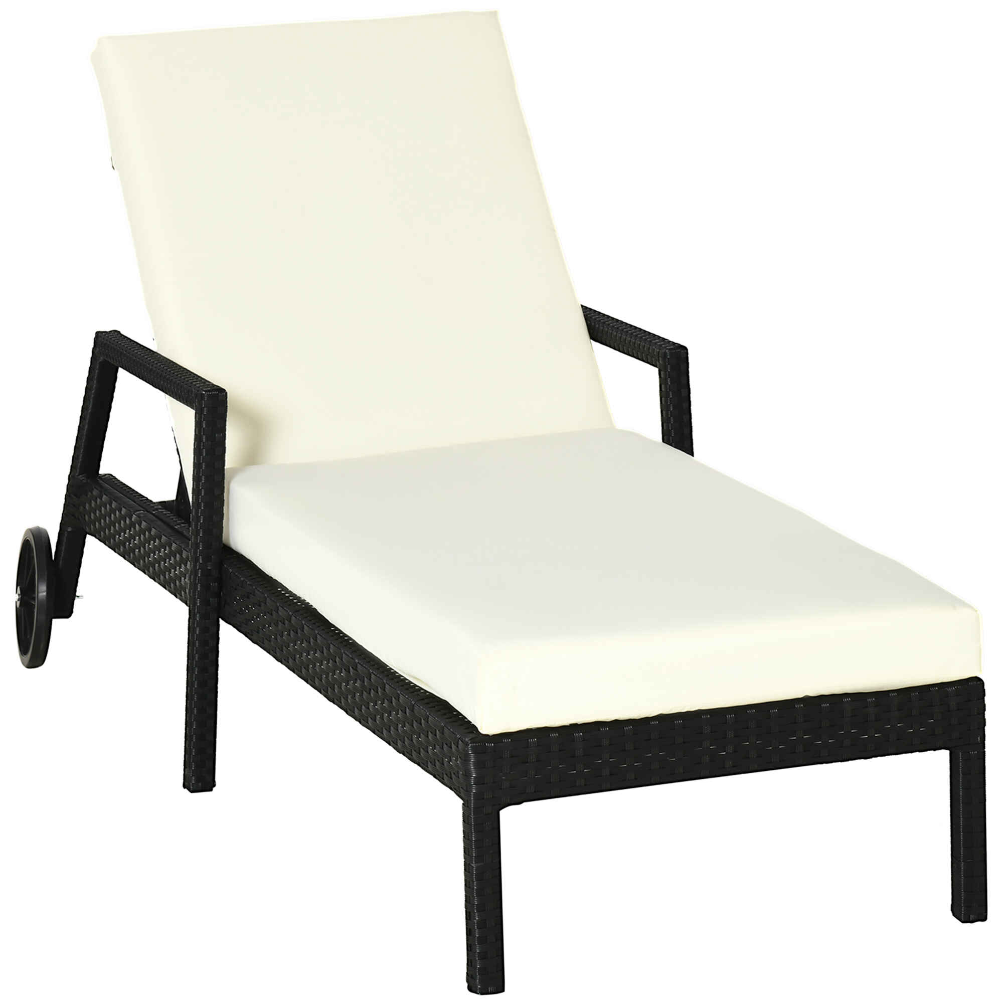 Tumbona de Ratán de Jardín con Cojines Acolchados Respaldo Ajustable en 5 Posiciones 2 Ruedas y Tela Extraíble Lavable Carga 160 kg 67x196x96 cm Negro