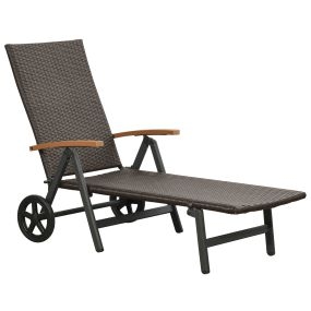 Tumbona de Jardín de Ratán 192x74x55 cm con Respaldo Reclinable en 7 Posiciones Reposabrazos y Ruedas Marco de Aluminio para Patio Terraza Balcón Marrón