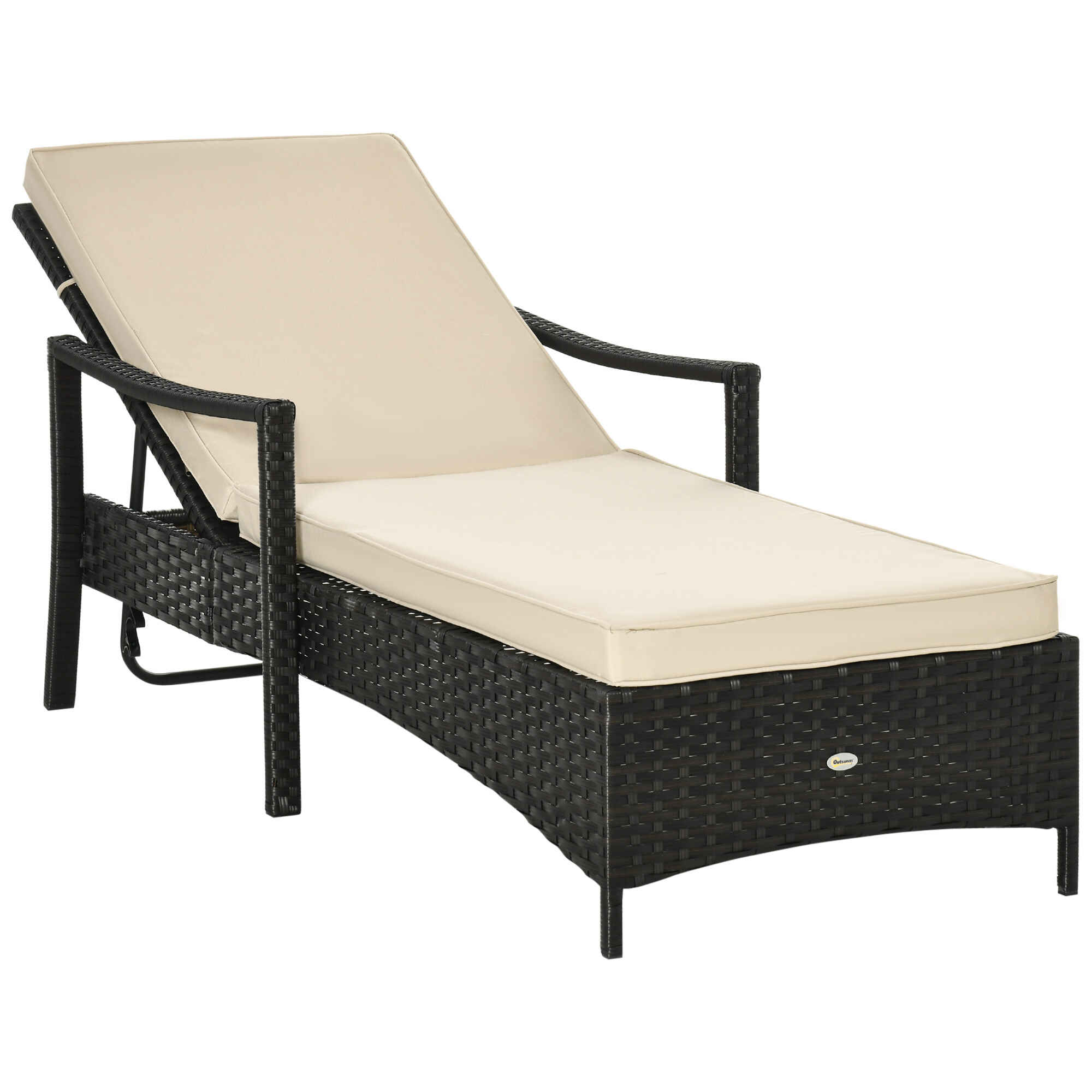 Tumbona de Ratán de Jardín Chaise Longue con Respaldo Ajustable en 4 Posiciones Cojines Acolchados y Desenfundables para Terraza Patio Exterior 192x72x58-95 cm Marrón y Beige