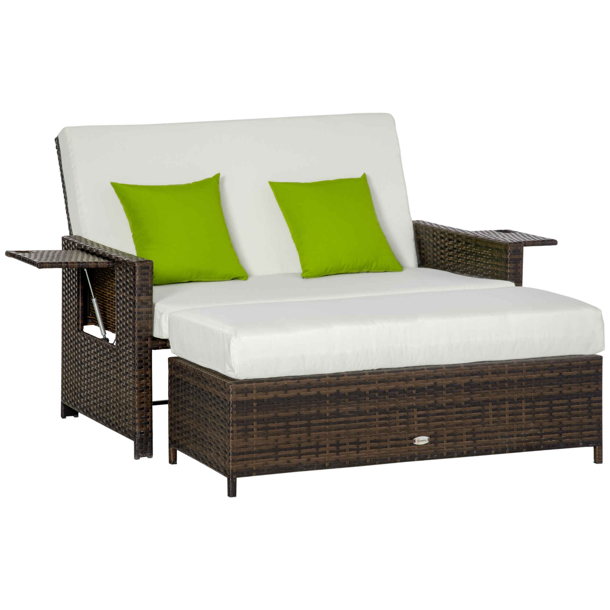 Sofá de Ratán de 2 Plazas con Mesitas y Reposapiés de Almacenaje Tumbona de Jardín con Respaldo Inclinable y Cojines Gruesos Desenfundables 130x76x96 cm Marrón y Beige