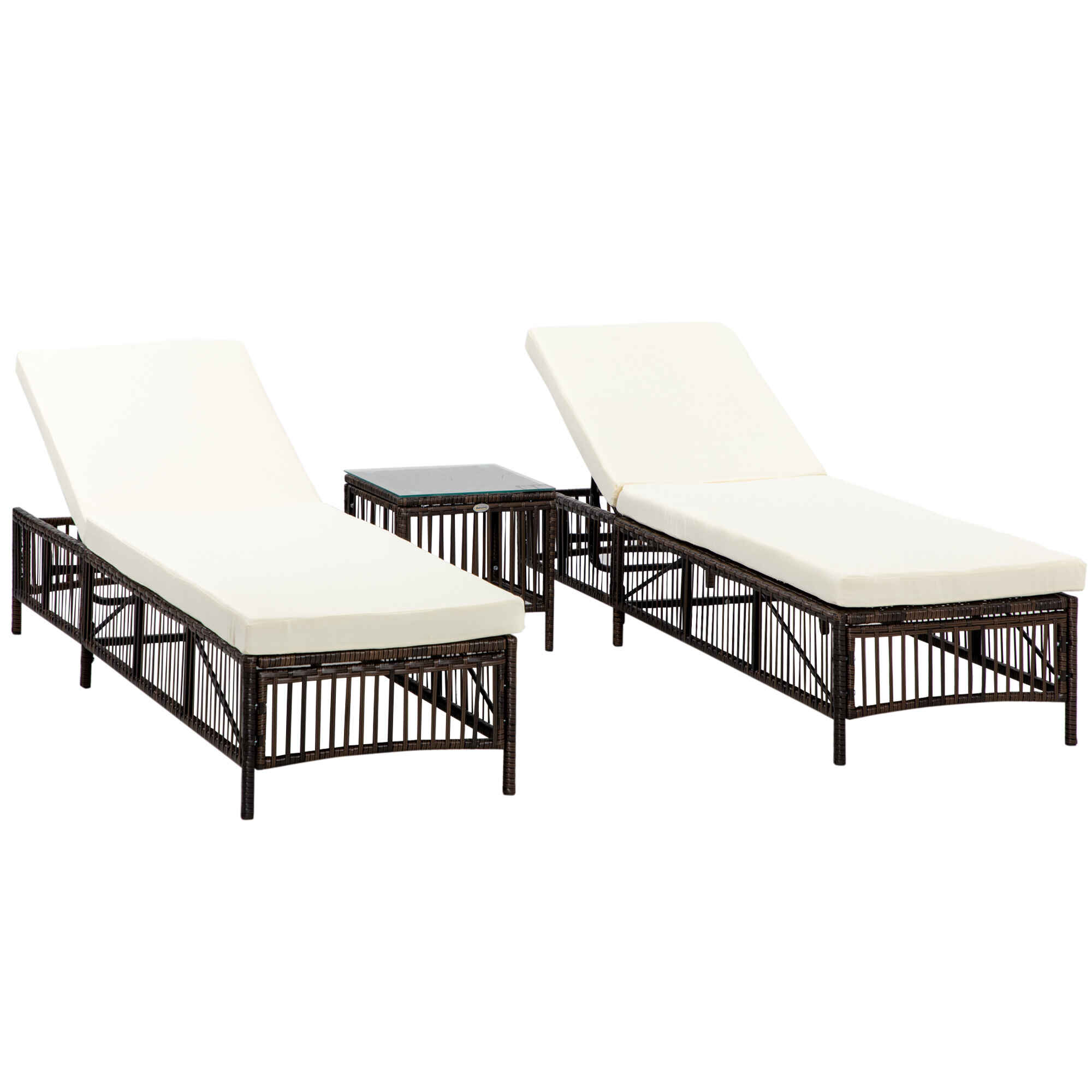 Conjunto de 2 Tumbonas de Ratán Tumbonas de Jardín con Mesa de Centro Respaldo Ajustable en 5 Niveles y Cojines 196x54x32 cm Marrón