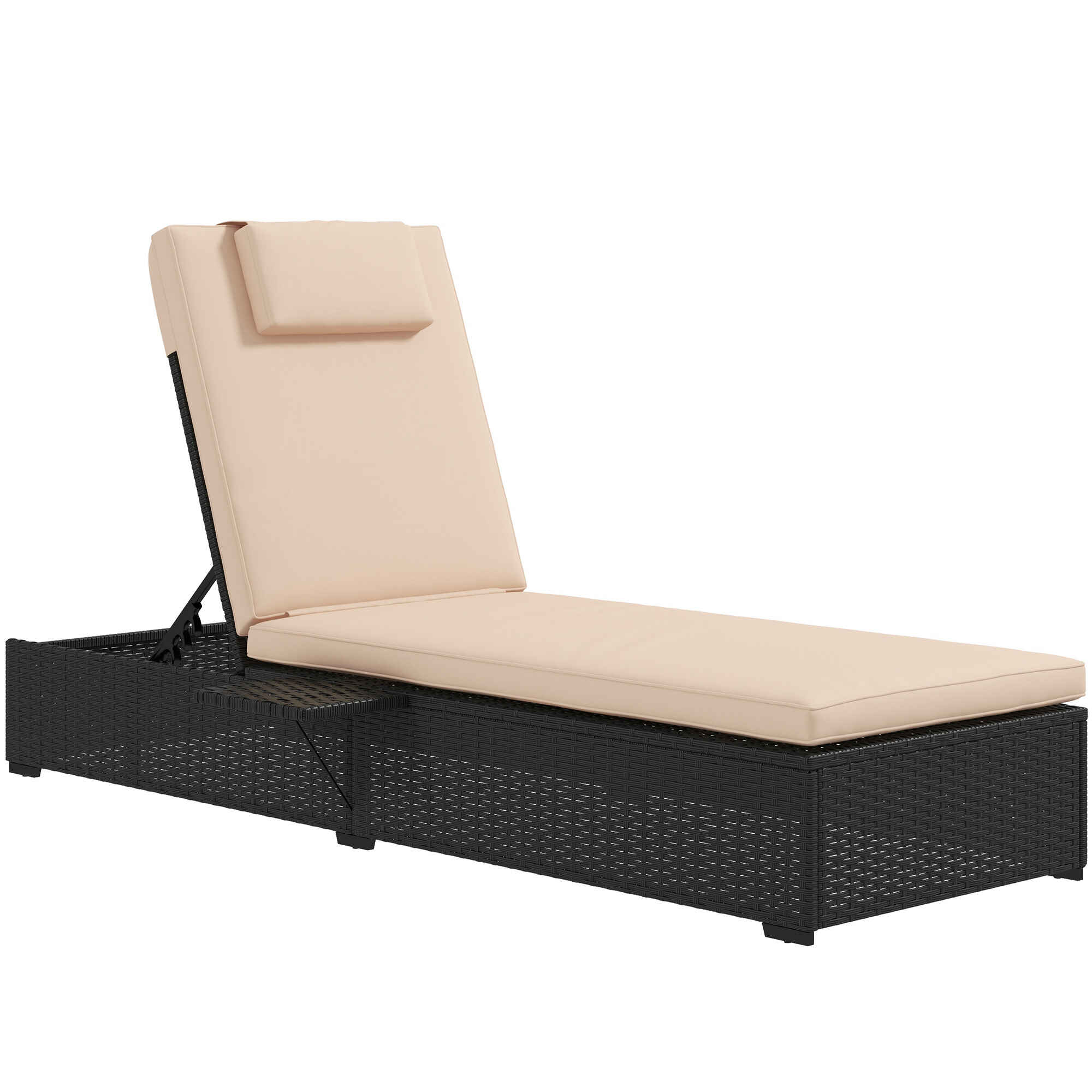 Tumbona de Ratán Reclinable Tumbona para Jardín con Respaldo Ajustable en 5 Niveles Mesita y Cojín Carga 120 kg para Patio Terraza Negro y Beige