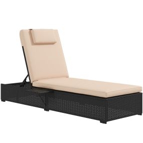 Tumbona de Ratán Reclinable Tumbona para Jardín con Respaldo Ajustable en 5 Niveles Mesita y Cojín Carga 120 kg para Patio Terraza Negro y Beige