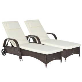 Conjunto de 2 Tumbonas de Ratán de Jardín Chaise Longue con Respaldo Ajustable en 5 Posiciones Cojines Acolchados Reposacabezas y 2 Ruedas 200x73x56-103 cm Crema y Marrón