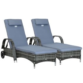 Conjunto de 2 Tumbonas de Ratán de Jardín Chaise Longue con Respaldo Ajustable en 5 Posiciones Cojines Acolchados Reposacabezas y 2 Ruedas 200x73x72-103 cm Gris