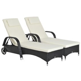 Conjunto de 2 Tumbonas de Ratán de Jardín Chaise Longue con Respaldo Ajustable en 5 Posiciones Cojines Acolchados Reposacabezas y 2 Ruedas 200x73x72-103 cm Negro