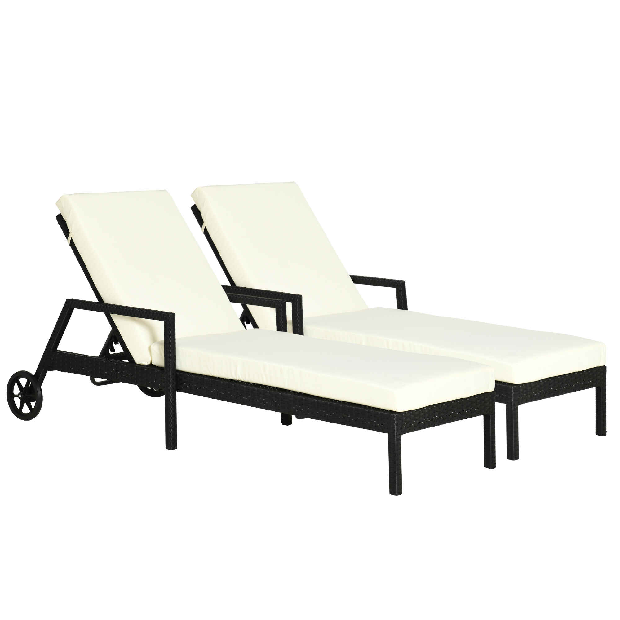 Conjunto de 2 Tumbonas de Ratán de Jardín con Cojines Acolchados Respaldo Ajustable en 5 Posiciones 2 Ruedas y Tela Extraíble Lavable 67x196x51 cm Negro