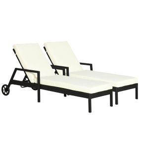 Conjunto de 2 Tumbonas de Ratán de Jardín con Cojines Acolchados Respaldo Ajustable en 5 Posiciones 2 Ruedas y Tela Extraíble Lavable 67x196x51 cm Negro