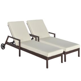 Conjunto de 2 Tumbonas de Ratán de Jardín con Cojines Acolchados Respaldo Ajustable en 5 Posiciones 2 Ruedas y Tela Extraíble Lavable 67x196x51 cm Crema