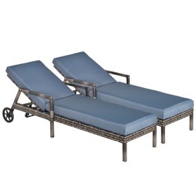 Conjunto de 2 Tumbonas de Ratán de Jardín con Cojines Acolchados Respaldo Ajustable en 5 Posiciones 2 Ruedas y Tela Extraíble Lavable 67x196x51 cm Gris