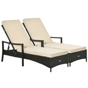 Set de 2 Tumbonas de Ratán de Jardín Chaise Longue con Respaldo Ajustable en 4 Posiciones Cojines Acolchados y Desenfundables para Terraza Patio Exterior 192x62,5x58-95 cm Marrón y Beige