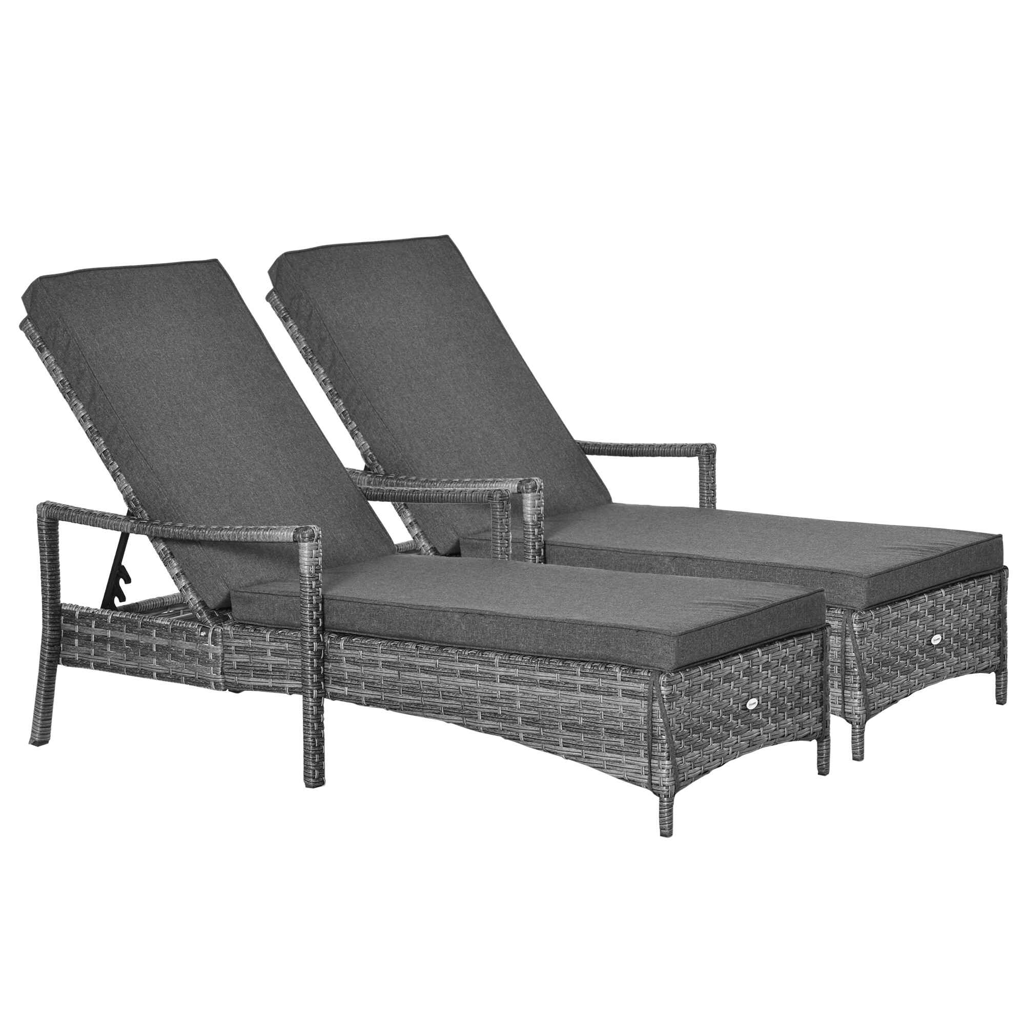 Conjunto de 2 Tumbonas de Ratán de Jardín Chaise Longue con Respaldo Ajustable en 4 Posiciones Cojines Acolchados y Desenfundables para Terraza Patio Exterior 192x62,5x58-95 cm Gris