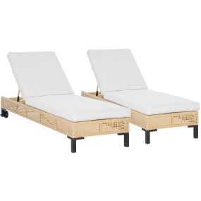Conjunto de 2 Tumbonas de Jardín Exterior de Ratán Sintético Tumbonas con Ruedas Respaldo Ajustable en 5 Posiciones y Cojín Acolchado 200x65x31 cm Natural y Beige