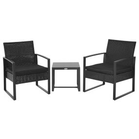 Conjunto de Mesa y Sillas de Jardín para Exterior Juego de 3 Piezas Sillas y Mesa de Ratán Incluye 2 Sillones y 1 Mesa de Centro de Vidrio Negro