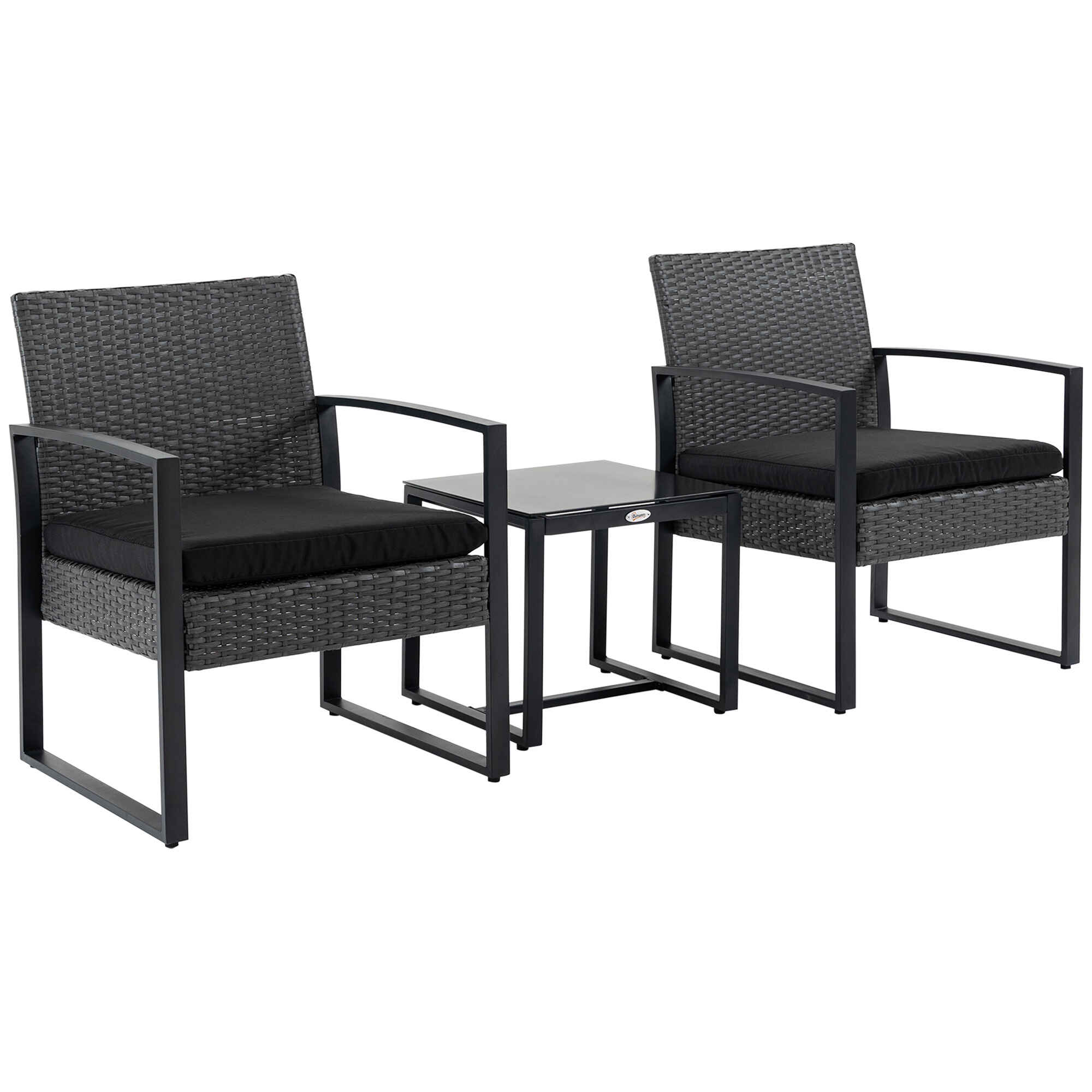 Conjunto de Jardín Exterior de 3 Piezas Juego de 2 Sillas y Mesa de Ratán con Cojines Acolchados y Encimera de Vidrio para Balcón Terraza Gris y Negro
