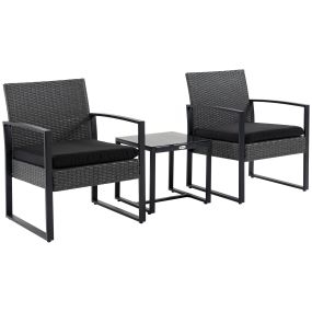 Conjunto de Jardín Exterior de 3 Piezas Juego de 2 Sillas y Mesa de Ratán con Cojines Acolchados y Encimera de Vidrio para Balcón Terraza Gris y Negro