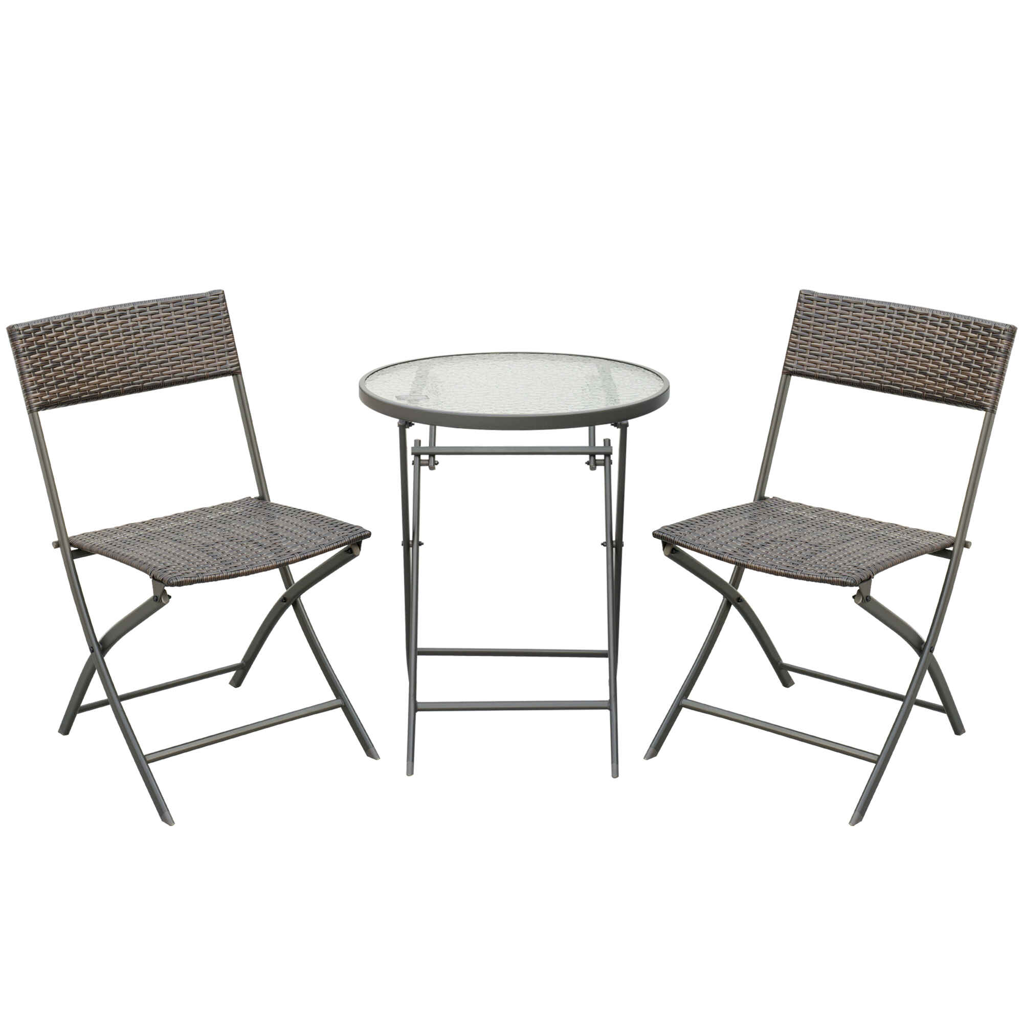Conjunto de Muebles de Jardín Conjunto de Mesa y 2 Sillas de Jardín de Ratán Sintético con Sillas Plegables y Mesa de Vidrio para Terraza Patio Marrón