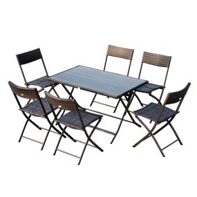 Conjunto de Muebles de Jardín Plegable Juego de Muebles de Jardín de Ratán de 7 Piezas Mesa y 6 Sillas para Exterior Patio Terraza Acero Color Marrón