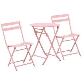 Conjunto de Muebles de Jardín Plegable Juego de 1 Mesa Redonda y 2 Sillas de Terraza con Marco de Acero y Respaldo para Balcón Patio Rosa