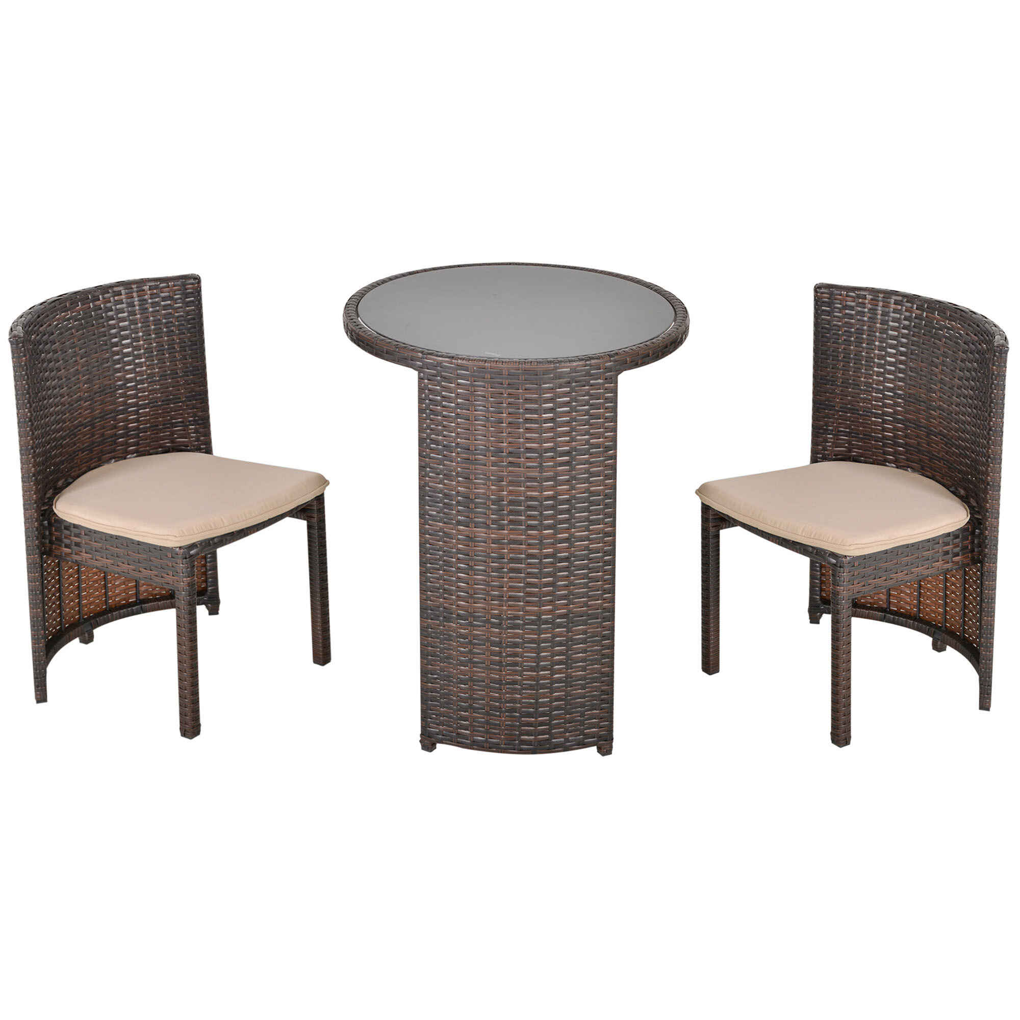 Conjunto de Muebles Ratán de Jardín 3 Piezas con 1 Mesa de Café y 2 Sillas con Cojines para Terraza Exterior Fácil Almacenaje Acero Marrón