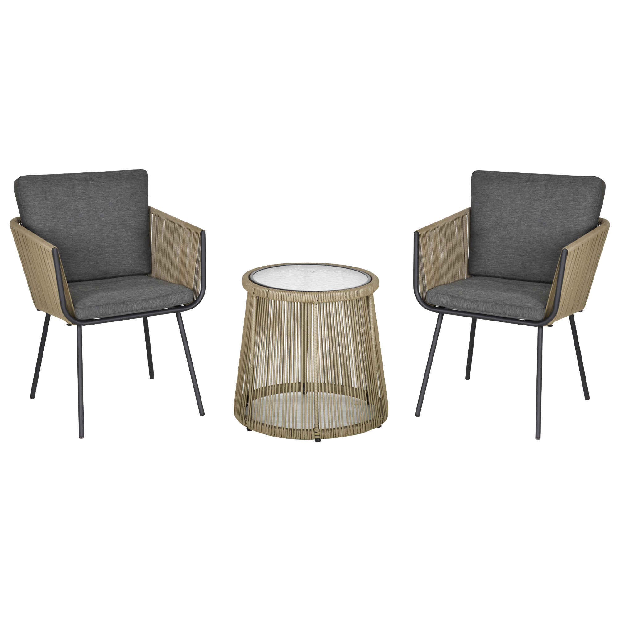 Conjunto de Jardín Exterior de 3 Piezas Juego de 2 Sillas y Mesa de Ratán con Cojines Acolchados y Encimera de Vidrio para Balcón Terraza Café y Gris