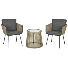 Conjunto de Jardín Exterior de 3 Piezas Juego de 2 Sillas y Mesa de Ratán con Cojines Acolchados y Encimera de Vidrio para Balcón Terraza Café y Gris