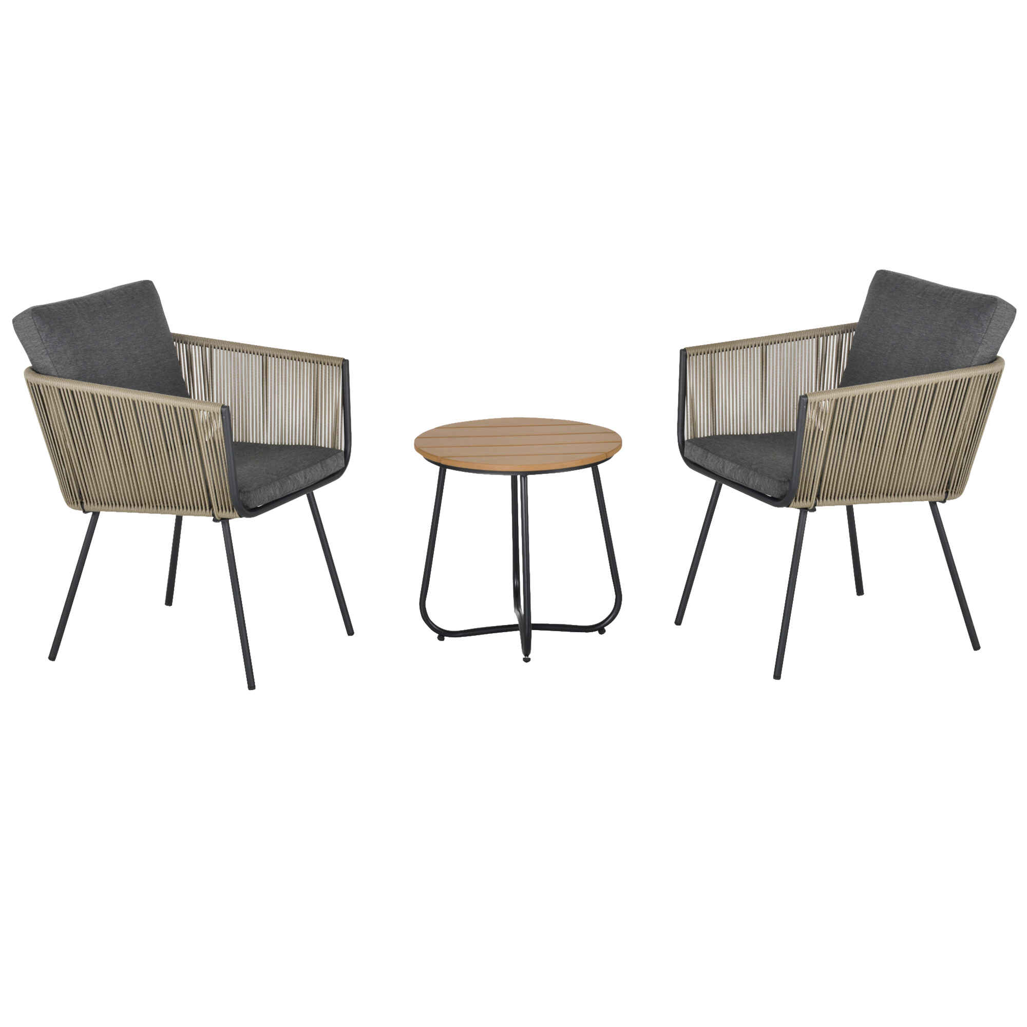 Conjunto de Muebles de Jardín Juego de 3 Piezas Muebles de Ratán 1 Mesa Redonda y 2 Sillas Butaca con Cojines Acolchados para Balcón Terraza Acero Caqui y Gris