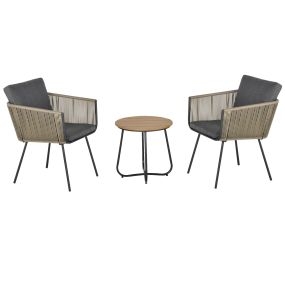 Conjunto de Muebles de Jardín Juego de 3 Piezas Muebles de Ratán 1 Mesa Redonda y 2 Sillas Butaca con Cojines Acolchados para Balcón Terraza Acero Caqui y Gris