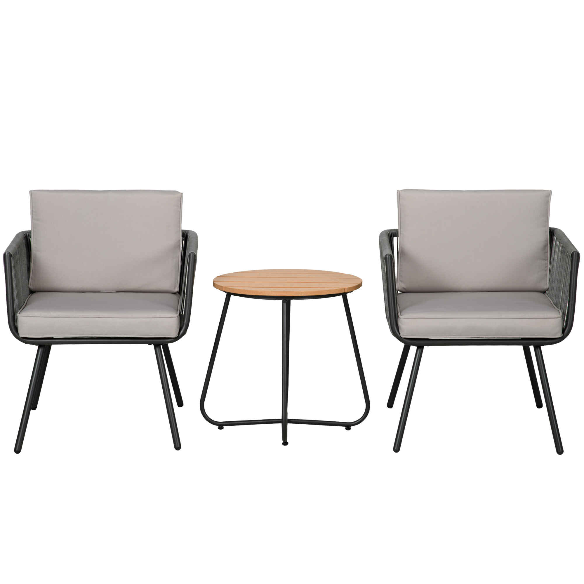 Conjunto de Muebles de Jardín de Ratán Sintético 3 Piezas Conjunto de Mesa y 2 Sillas de Ratán con Cojines Acolchados Extraíbles para Balcón Terraza Patio Gris