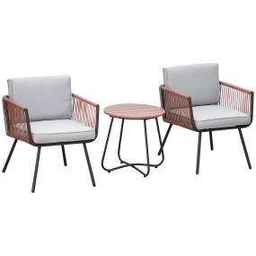 Conjunto de Muebles de Jardín de Ratán Sintético 3 Piezas Conjunto de Mesa y 2 Sillas de Ratán con Cojines Acolchados Extraíbles para Balcón Terraza Patio Teca y Gris