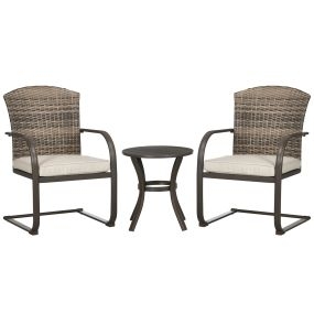 Conjunto de Muebles de Jardín de Ratán Juego de 3 Piezas Muebles de Patio Incluye 2 Sillas Mecedoras con Cojines y Mesa Redonda para Terraza Césped Balcón Marrón