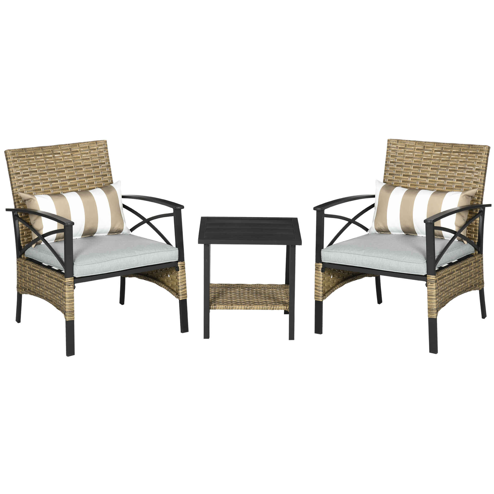 Conjunto de Muebles de Jardín de 3 Piezas Juego de 2 Sillas y Mesa de Ratán con 2 Cojines Acolchados y Marco de Acero para Terraza Balcón Exterior Marrón
