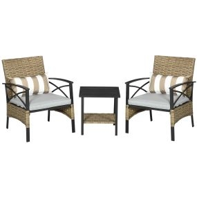 Conjunto de Muebles de Jardín de 3 Piezas Juego de 2 Sillas y Mesa de Ratán con 2 Cojines Acolchados y Marco de Acero para Terraza Balcón Exterior Marrón