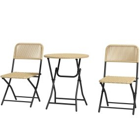 Conjunto de Mesa y Sillas de Jardín Exterior de Ratán Plegable Juego de 3 Piezas Muebles de Jardín con 2 Sillas y 1 Mesa de Centro Redonda para Terraza Césped Balcón Natural