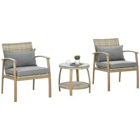 Conjunto de Muebles de 3 Piezas Conjunto de Mesa y 2 Sillas de Jardín con Marco de Aluminio y Cojines Extraíbles para Terraza Patio Jardín Natural y Marrón