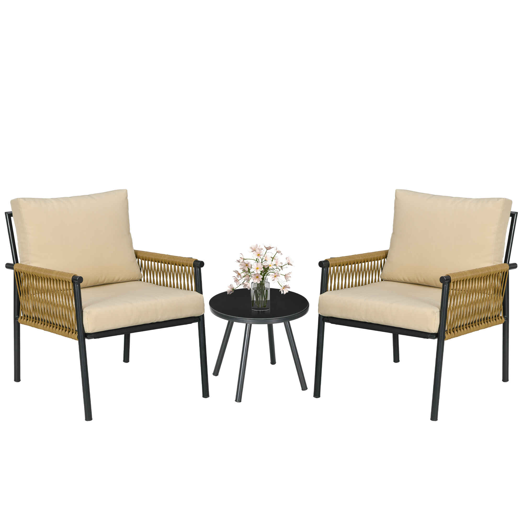 Conjunto de Muebles de Jardín Juego de 3 Piezas Sillas y Mesa de Ratán con 2 Sillas y 1 Mesa de Centro de Vidrio Templado para Terraza Césped Balcón Negro y Beige
