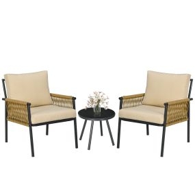 Conjunto de Muebles de Jardín Juego de 3 Piezas Sillas y Mesa de Ratán con 2 Sillas y 1 Mesa de Centro de Vidrio Templado para Terraza Césped Balcón Negro y Beige
