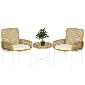 Conjunto de Muebles de Jardín Juego de 3 Piezas Sillas y Mesa de Ratán con 2 Sillas 1 Mesa de Centro y Cojines para Terraza Patio Natural