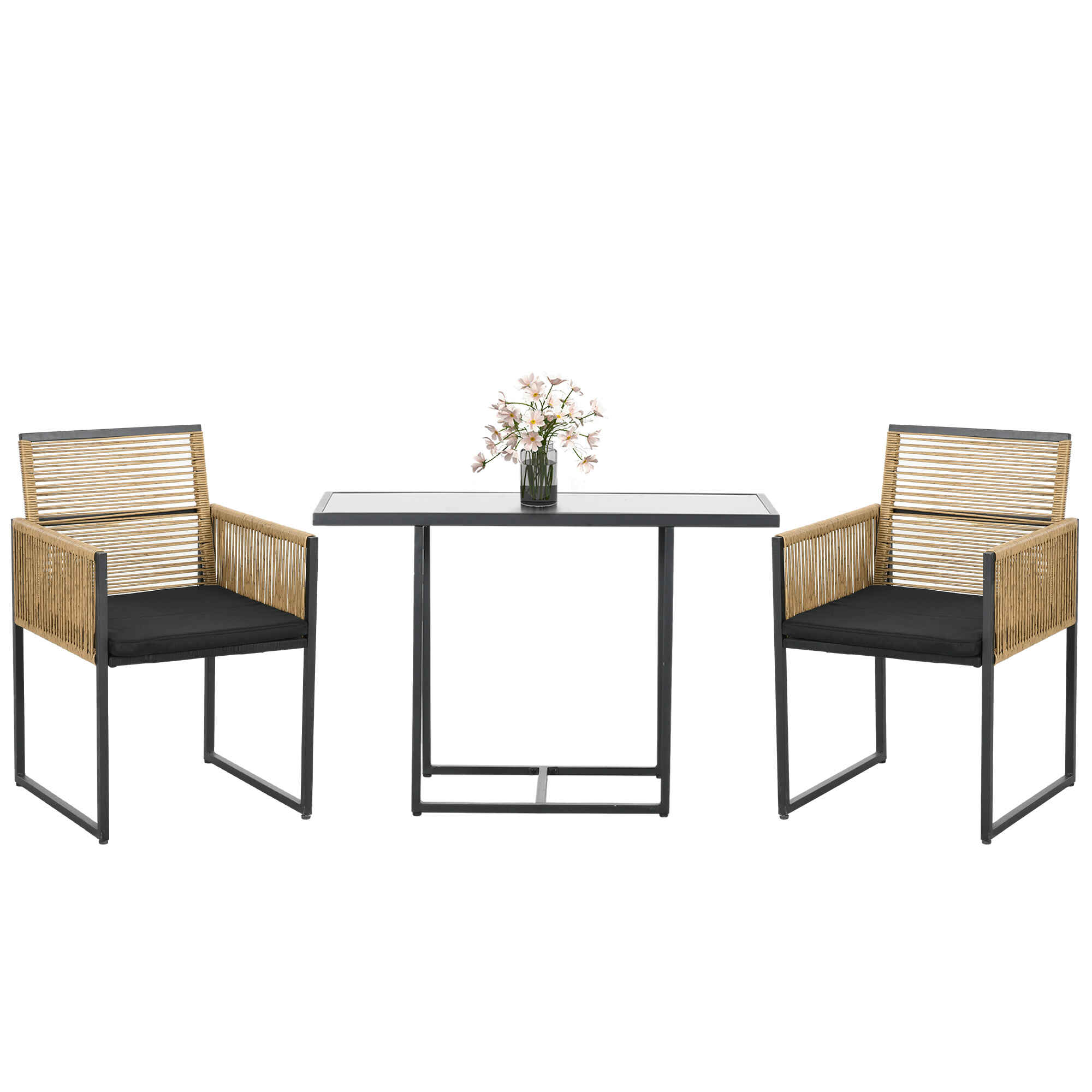 Conjunto de Muebles de Jardín Juego de 3 Piezas Sillas y Mesa de Ratán con Respaldo Plegable Cojines y Mesa de Cristal Diseño Anidado para Terraza Patio Natural y Negro