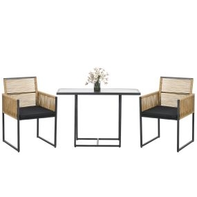 Conjunto de Muebles de Jardín Juego de 3 Piezas Sillas y Mesa de Ratán con Respaldo Plegable Cojines y Mesa de Cristal Diseño Anidado para Terraza Patio Natural y Negro