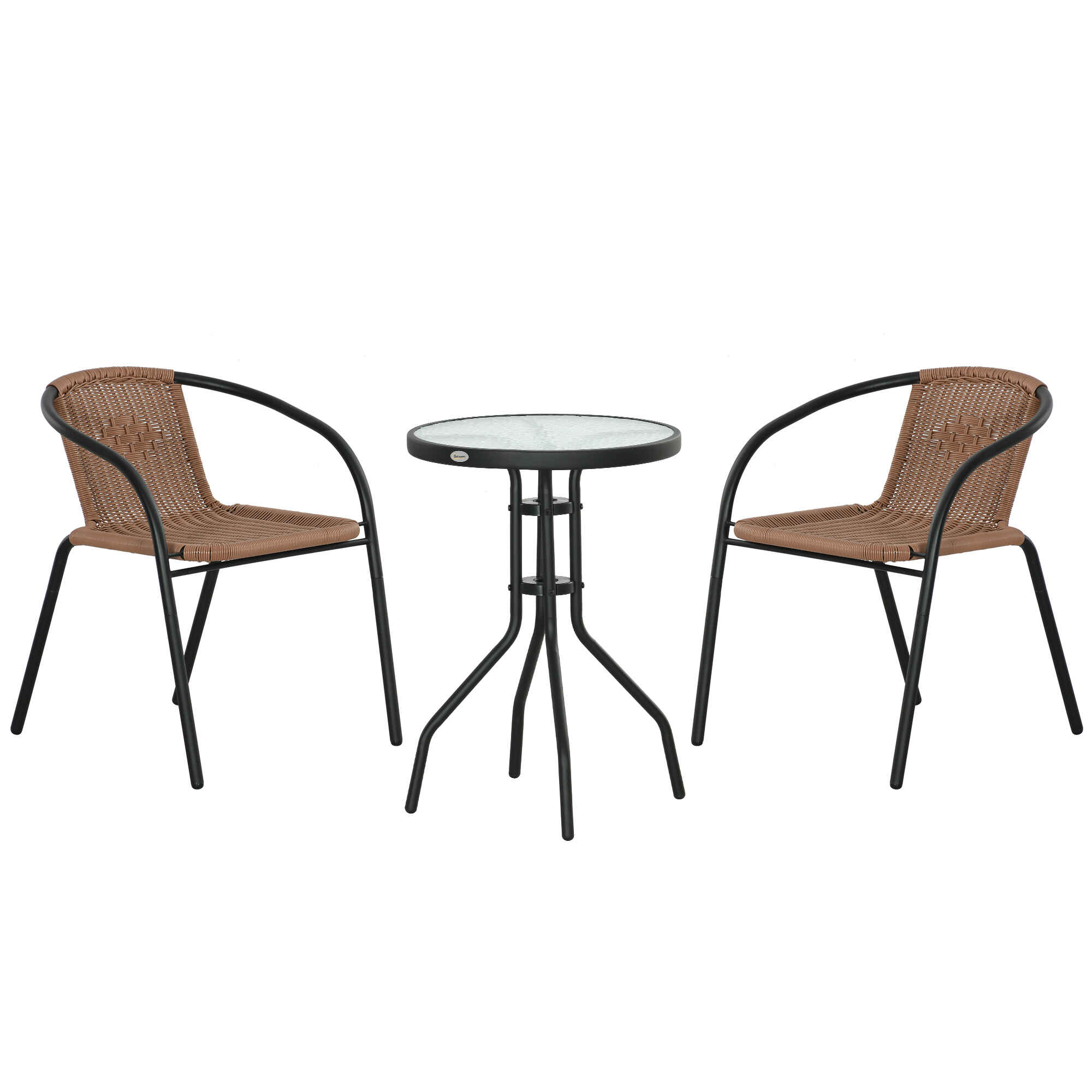 Conjunto de Muebles de Jardín Juego de 3 Piezas Sillas y Mesa de Ratán con 2 Sillas Apilables y 1 Mesa de Centro Redonda para Terraza Césped Balcón Marrón