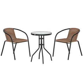 Conjunto de Muebles de Jardín Juego de 3 Piezas Sillas y Mesa de Ratán con 2 Sillas Apilables y 1 Mesa de Centro Redonda para Terraza Césped Balcón Marrón