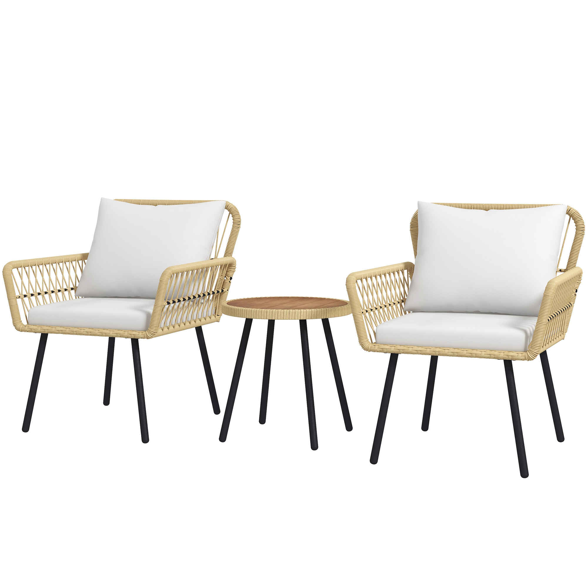 Conjunto de Muebles de Jardín Juego de 3 Piezas Sillas y Mesa de Ratán con 2 Sillas 1 Mesa de Centro Redonda y Cojines para Terraza Césped Balcón Natural