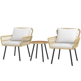 Conjunto de Muebles de Jardín Juego de 3 Piezas Sillas y Mesa de Ratán con 2 Sillas 1 Mesa de Centro Redonda y Cojines para Terraza Césped Balcón Natural